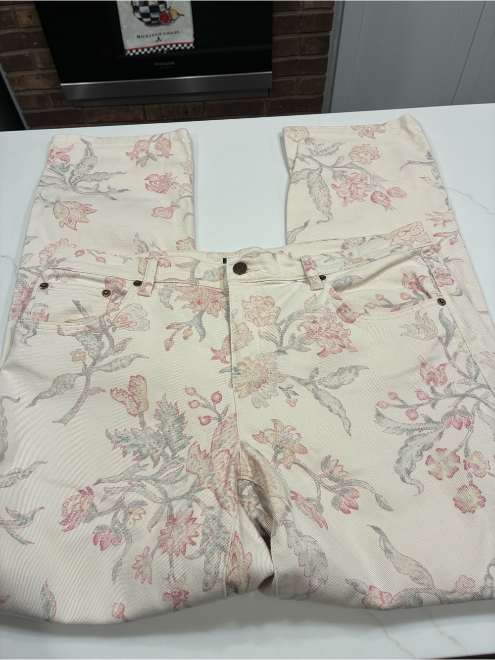 Ralph Lauren Cream Straight-Leg Jeans with Pink & Gray Floral Print